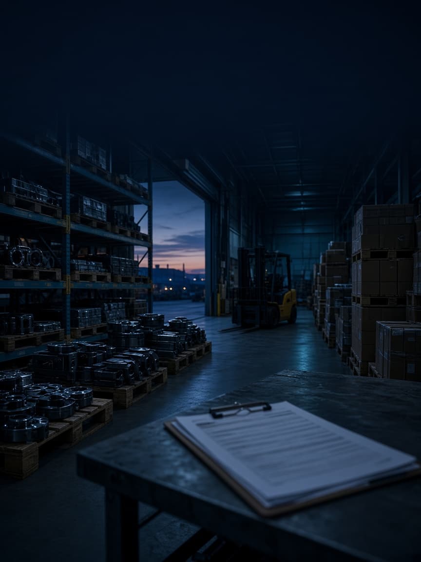 Factory receiving dock with stocked parts, a forklift, and a purchase clipboard